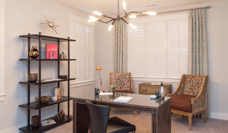Houston home office with plantation shutters.